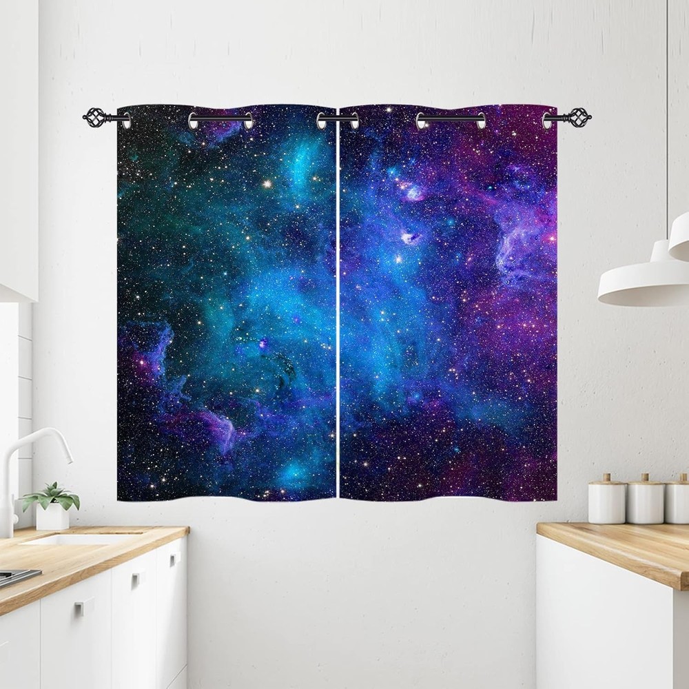 Galaxy Kitchen Curtains Grommet Waterproof Window Drapes with Outer Space Theme