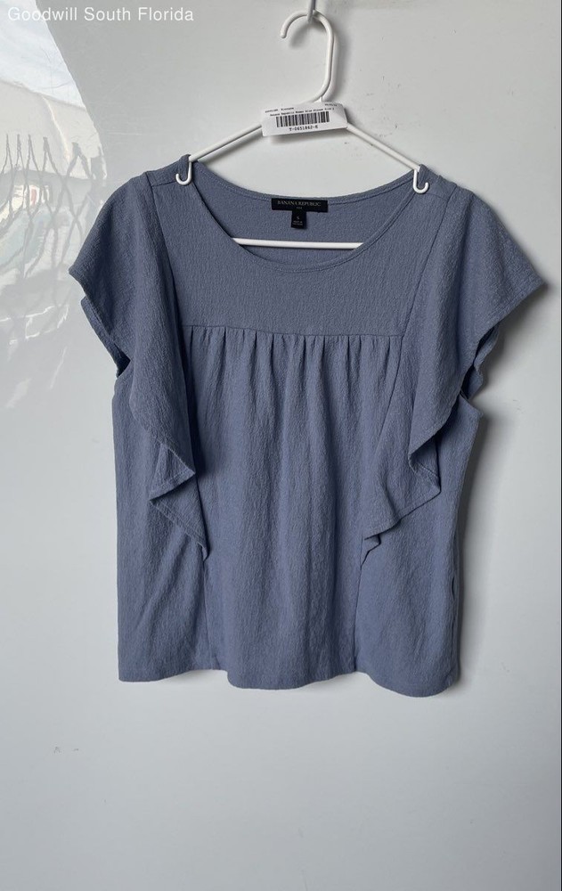 Banana Republic Womens Blue Flutter Sleeve Ruffle Round Neck Blouse Top Size S