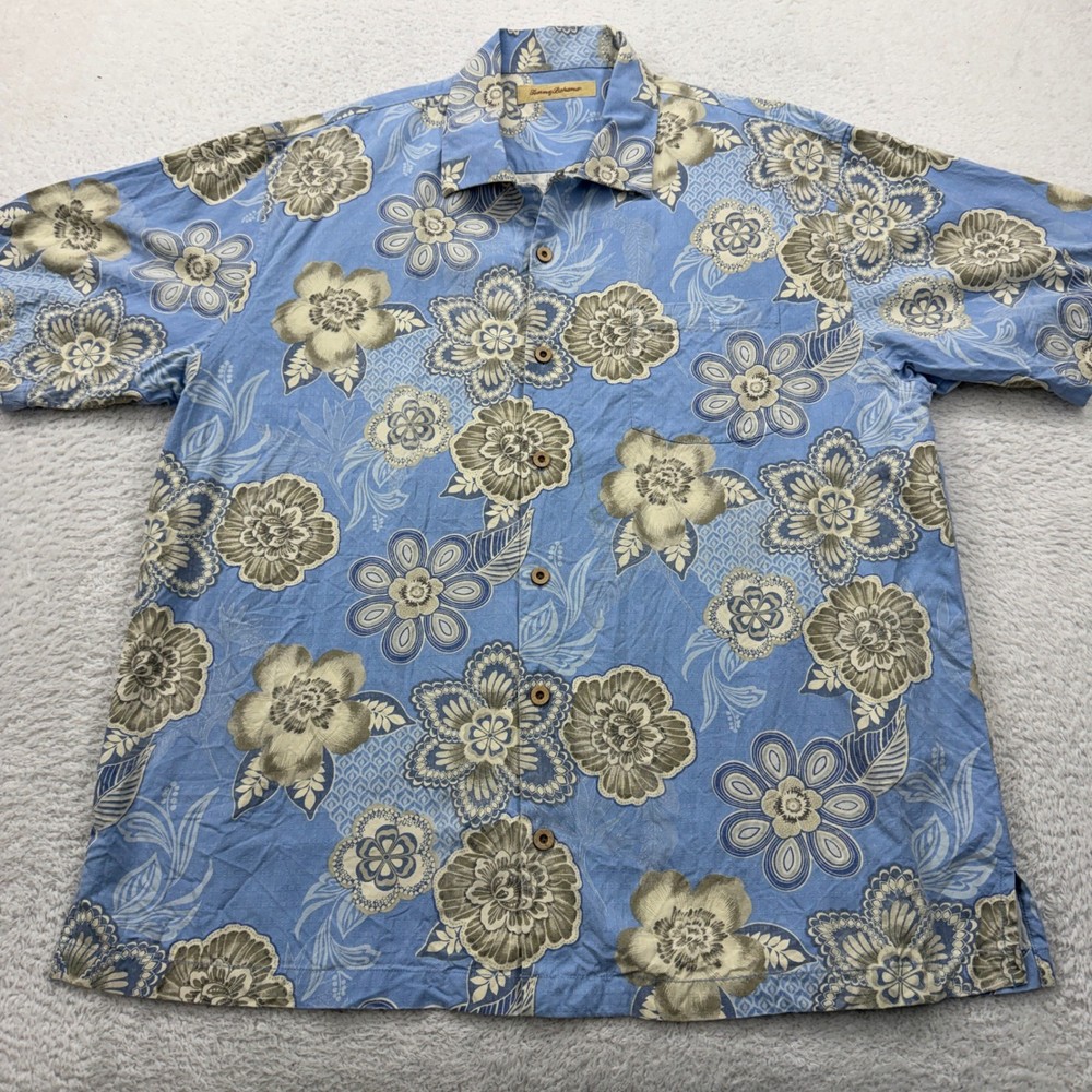 Tommy Bahama Men's Silk Hawaiian Shirt Blue Floral Print XL Short Sleeve Button