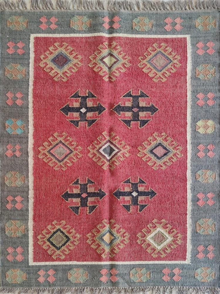 Handwoven Wool Jute Kilim Rug Color Multicolor Handmade Design Carpet Rug