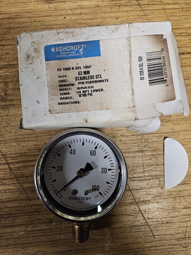 ASHCROFT Industrial Pressure Gauge 0 psi to 100 psi, 3 1/2 in Dial 1/4 Npt, 1008