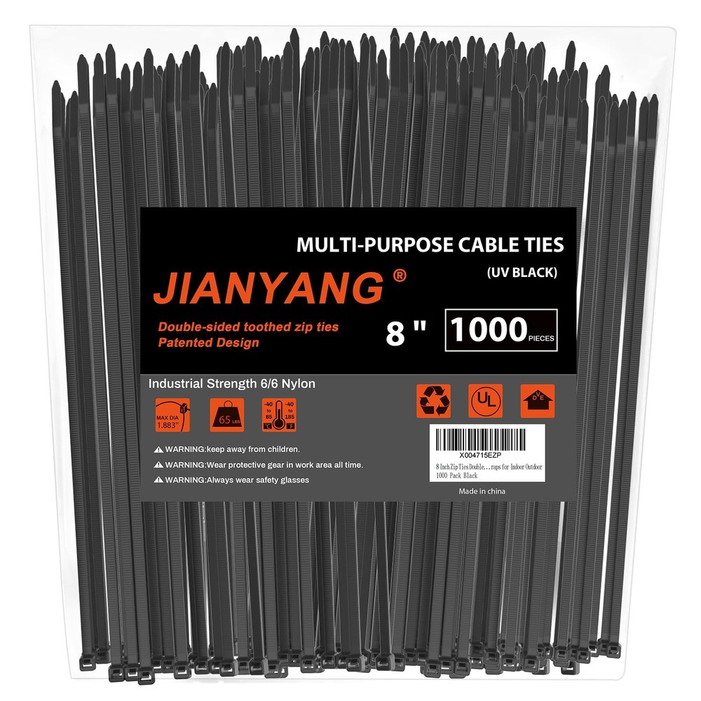1000-Pack 8-Inch Black Double-Sided Zip Ties, 65lb Strength