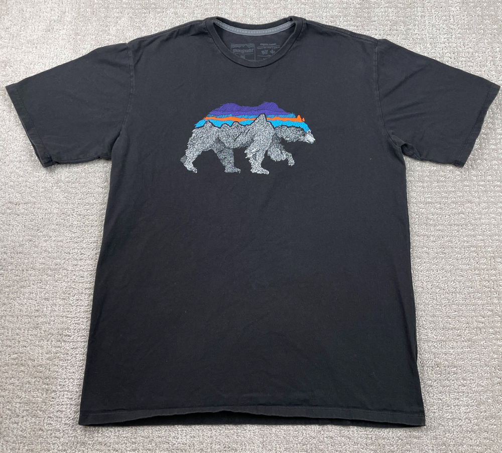 Patagonia T Shirt Mens M Black Fitz Roy Bear Graphic Tee Organic Cotton Outdoors