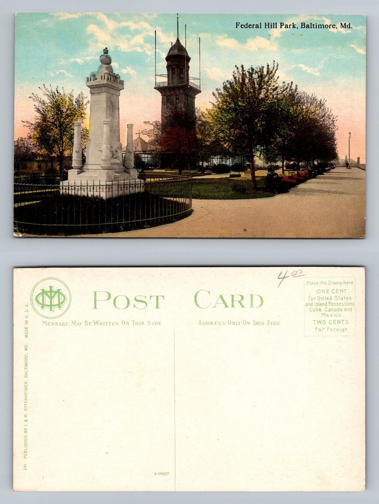 Baltimore, Maryland Federal Hill Park Monument Tower Scene View Vintage Postcard
