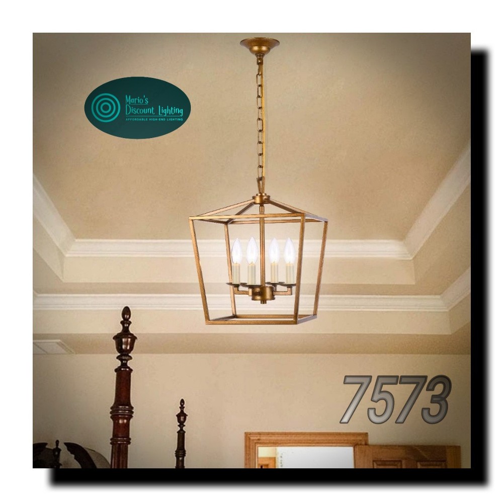 A1A9 Brushed Gold Lantern Chandelier Fixture, 4-Light Farmhouse Pendant