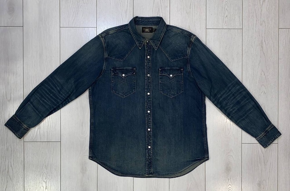 Double RRL Ralph Lauren Mens Denim Western Pearl Snap Shirt Long Sleeve Size XXL