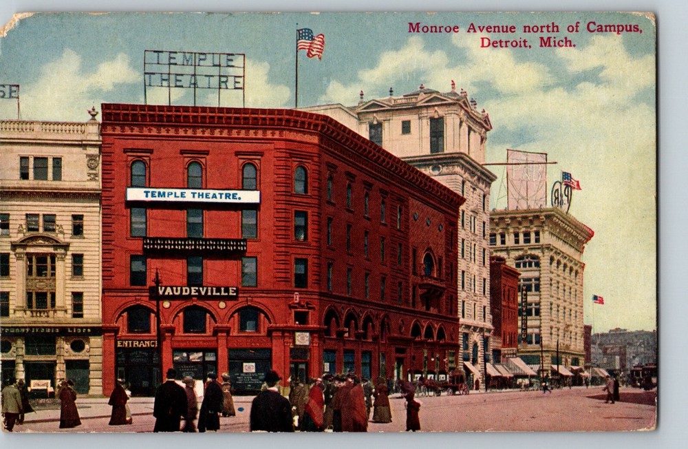 C1920 Monroe Avenue Temple Theatre Vaudeville Elks Temple Detroit MI Postcard