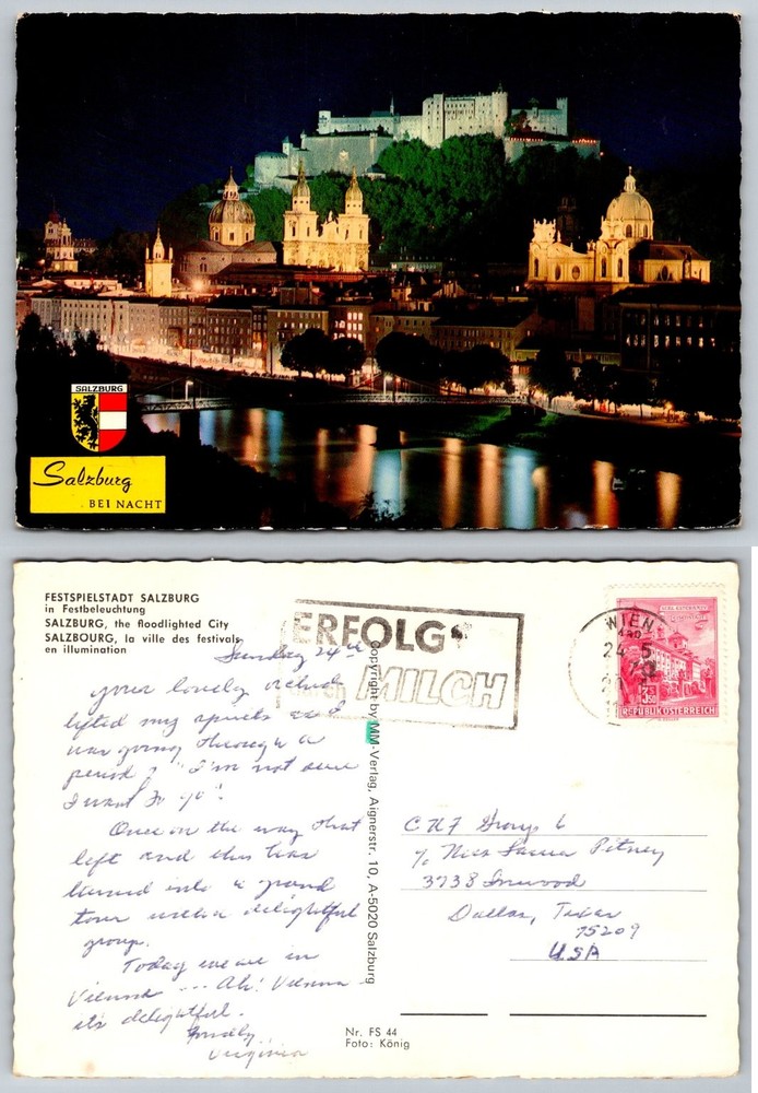 Vintage Salzburg Austria Night View Postcard - Hohensalzburg Illuminated 1975