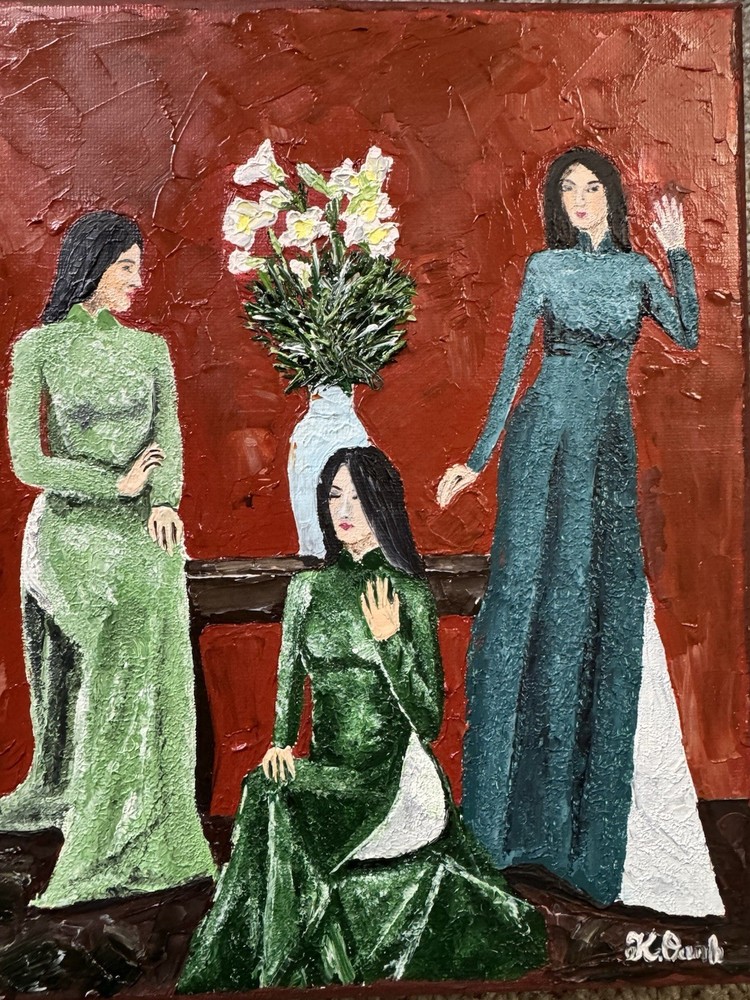 ORIGINAL OIL PAINTING VIETNAMESE WOMEN ON STRETCH CANVAS SIGNED 8x10