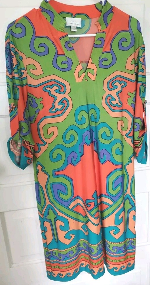 Donna Morgan Dress V Neck 3/4 Sleeve 60's 70's Artsy Women 10 Summer Hippie Oran