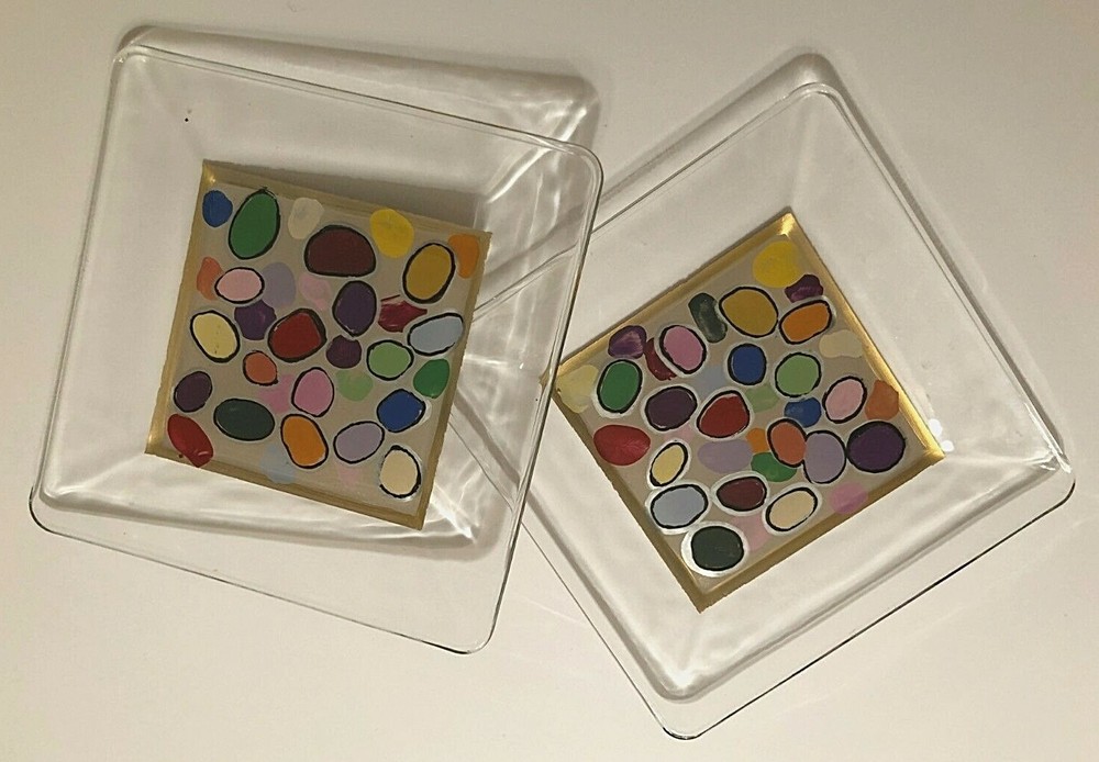 Set of 2 Clear Glass Fusing Rainbow Pebbles Dessert Salad Square Plate Vintage