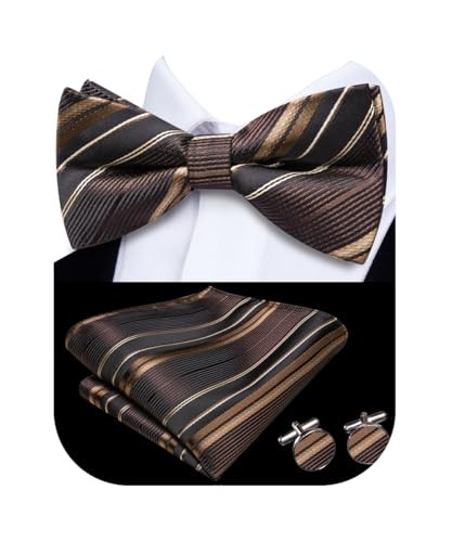 Men's Pre-Tied Bow Tie Set with Pocket Square & Cufflinks - Brown Black Stripe