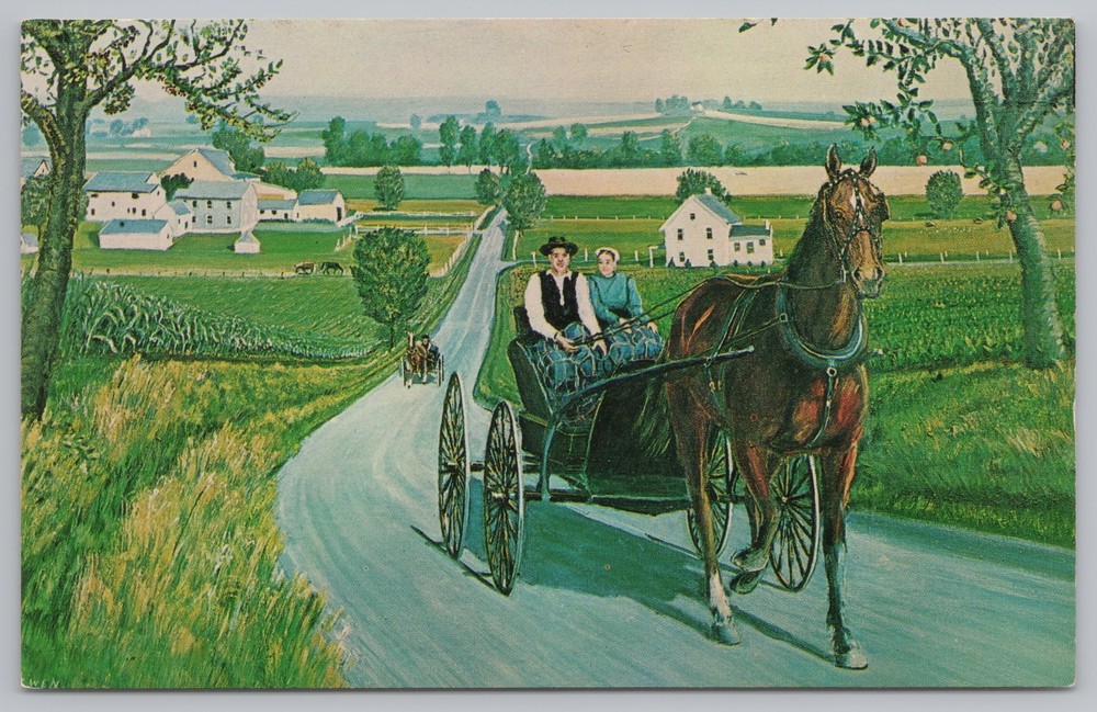 Leola Pennsylvania~Amish Courting Carriage~H J Loewen Painting~Vintage Postcard