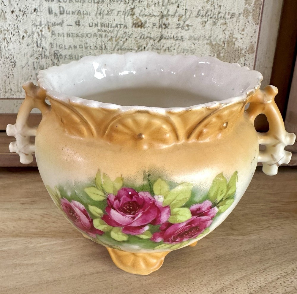 Antique Art Nouveau Austrian Hand Painted Porcelain footed Vase Rose Floral 6x4”