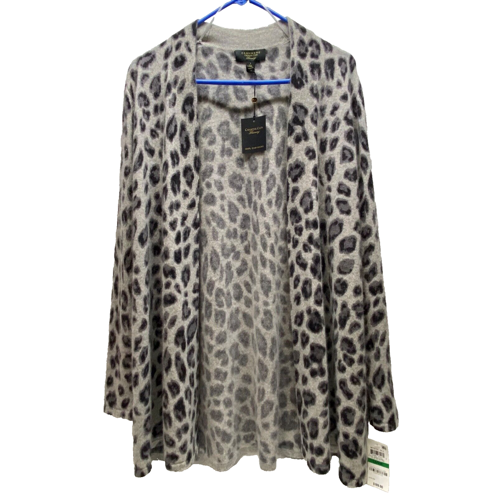 Charter Club Luxury Cashmere Large Open Front Cardigan Gray Animal Print NWT