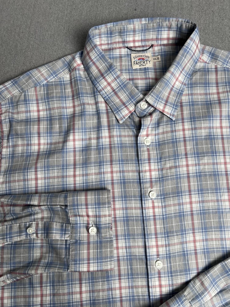 Faherty Shirt Mens Blue 2XL Plaid Long Sleeve Button Supima Cotton