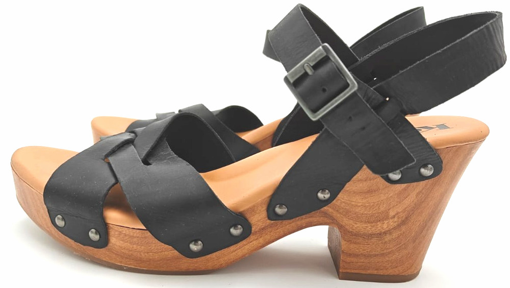 Korks Bagley Sandals Womens 11 Wood Chunky Heel Black Leather Slingback Boho