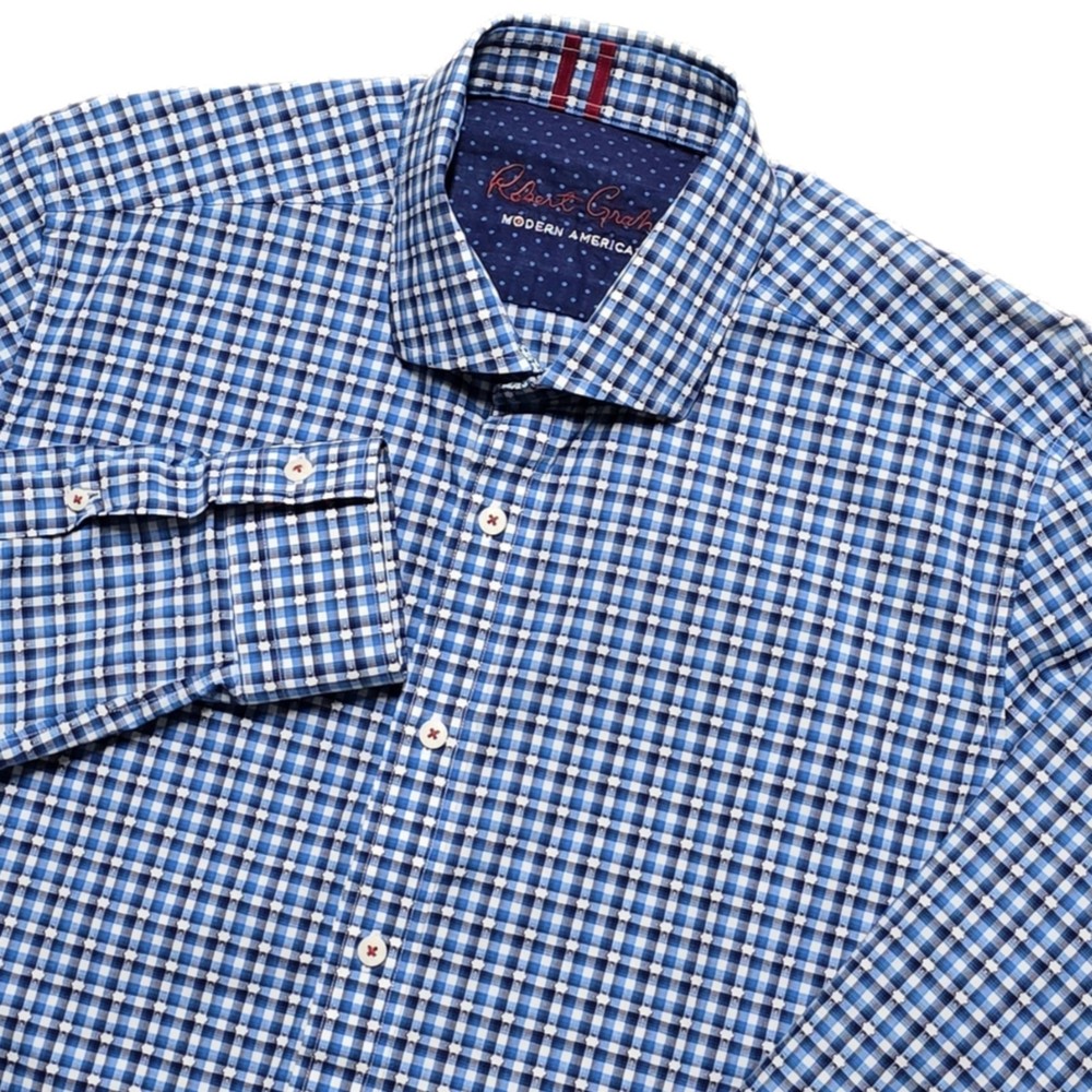Robert Graham Mens L Blue Check Plaid Button Down Long Sleeve Shirt