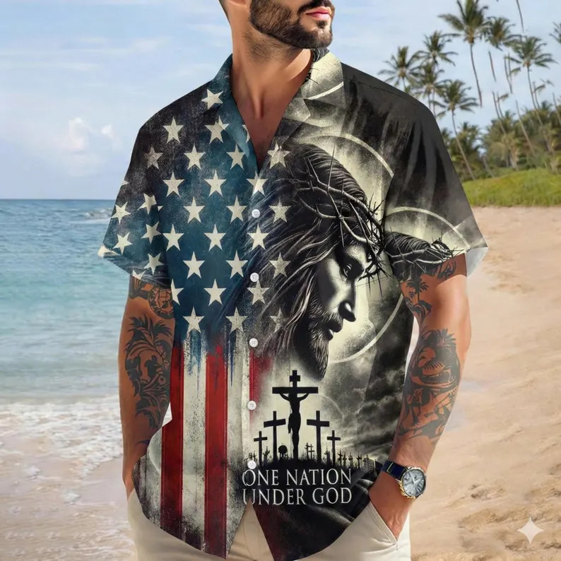 Bald Eagle American Flag Hawaii Shirt Patriotic USA Aloha Button Up Men