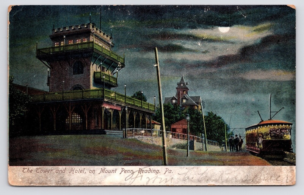 c1901 Hotel & Tower Mount Penn Railroad Trolley Reading Pennsylvania PA Postcard