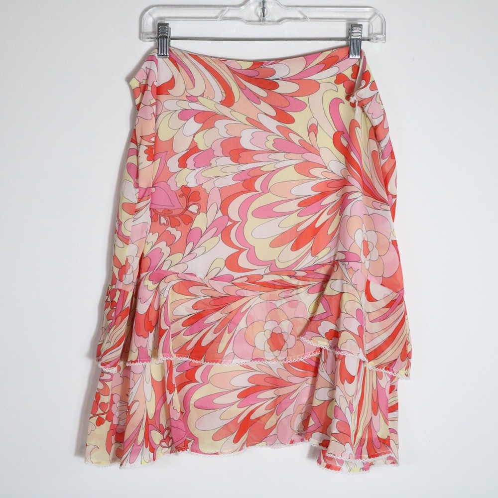 Vintage Y2K New York & Co Tiered Fairy Skirt Womens 16 Pink Sheer Retro 70s Boho
