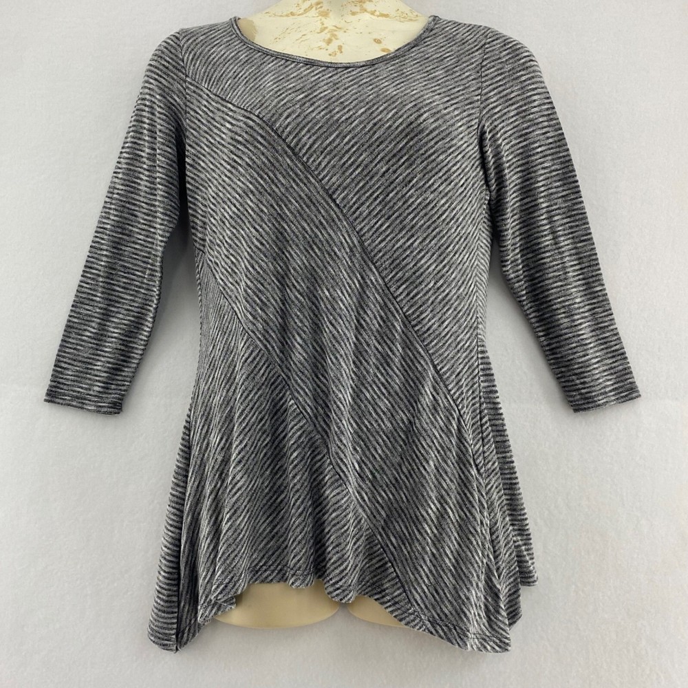 Sunday Striped Tunic Top Asymmetrical Hem Long Sleeve Gray Knit Size M Everyday