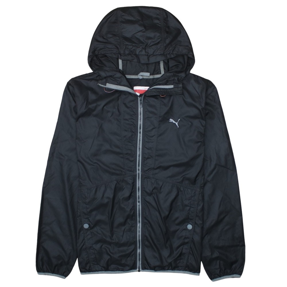 Puma Mens Windbreaker Jacket Black Hooded Full Zip Embroidered Logo Nylon L