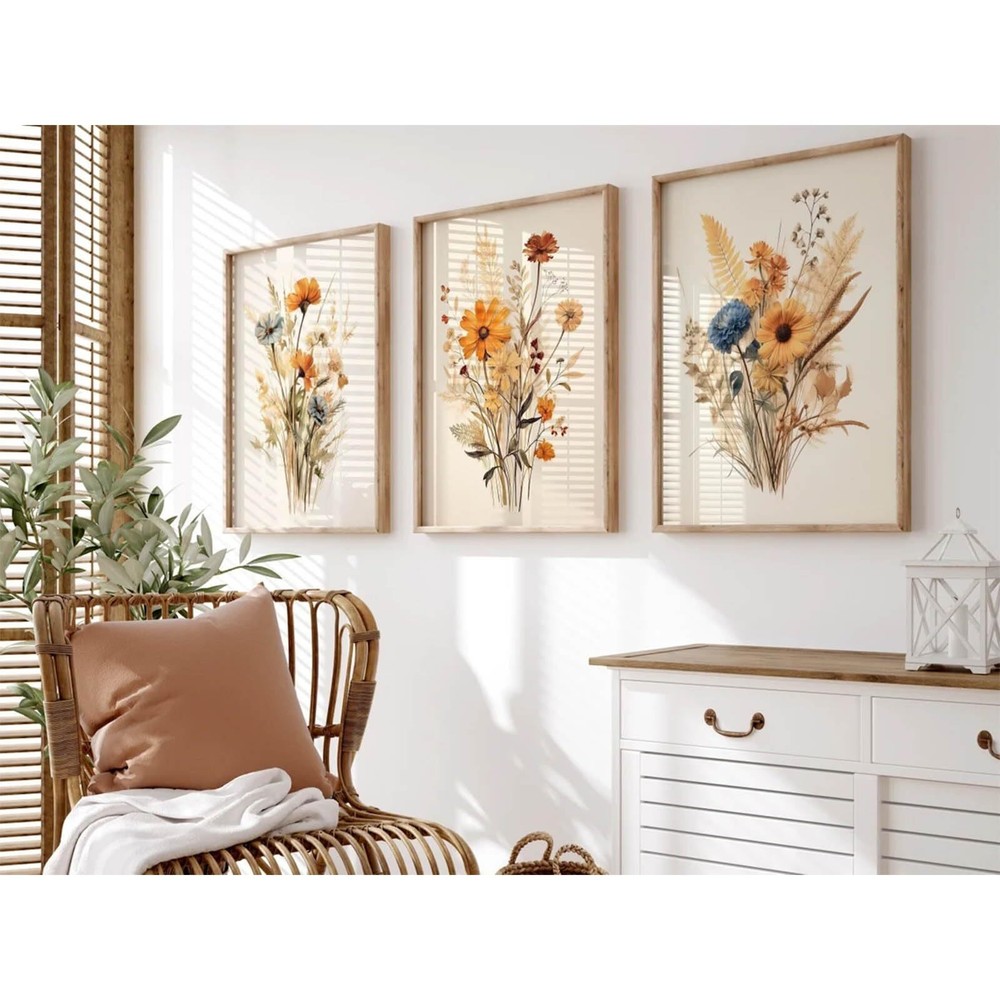Botanical Floral Wall Art Set of 3 Vintage Wildflower Canvas Wall Decor Water...