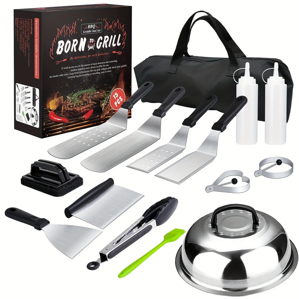 15Pcs Stainless Steel Flat Top Grill Tool Set for Blackstone & Camping BBQ