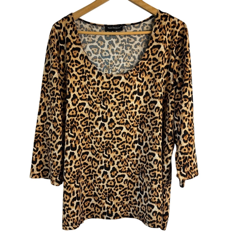 Travel Elements Leopard Print Top 2X Tan Black Travel Stretch Scoop Neck