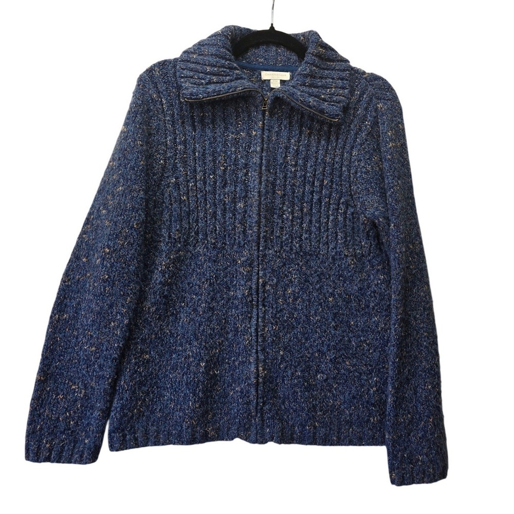 Charter Club Petite Blue Marl Ribbed Full Zip Cardigan Sweater Wool Blend P/M