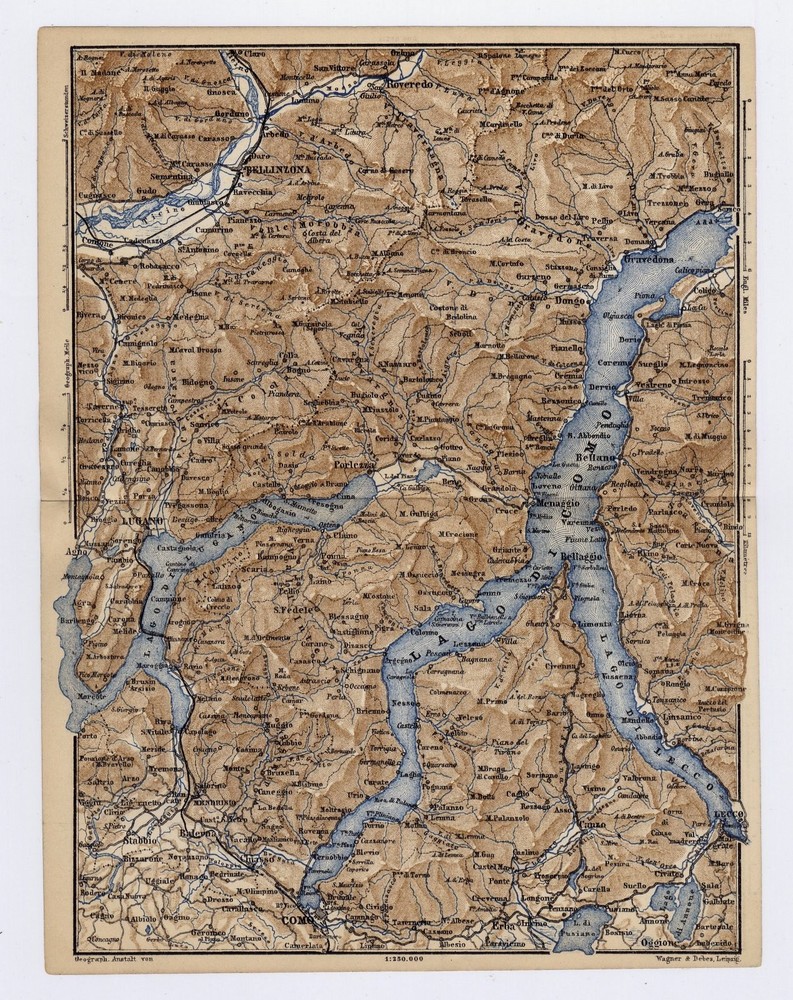 1879 Original Antique Map Of Lago Di Como Lake Lugano Switzerland / Italy