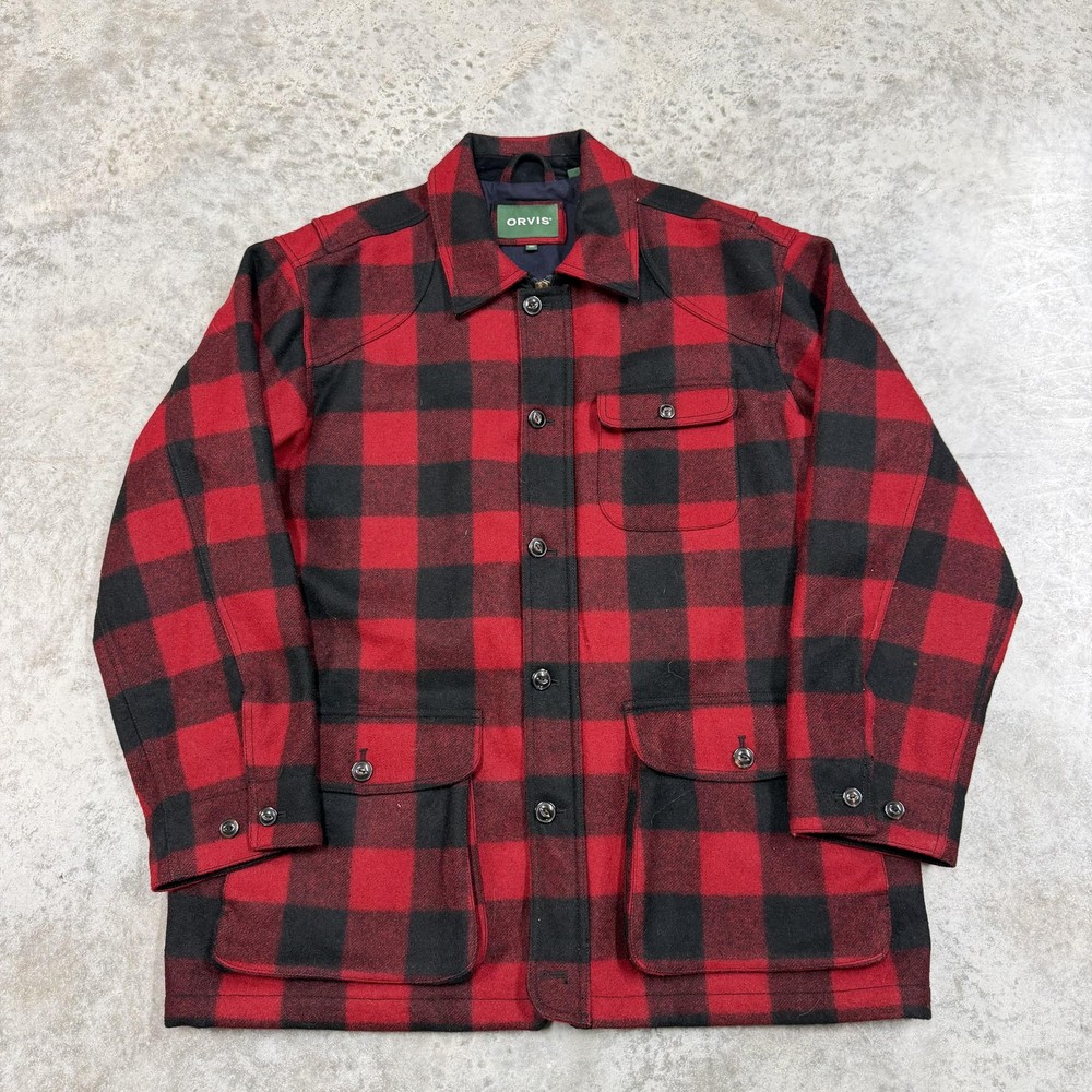 Orvis Jacket Mens XL Red Wool Plaid Pea Coat Full Zip Button Pockets Lined heavy