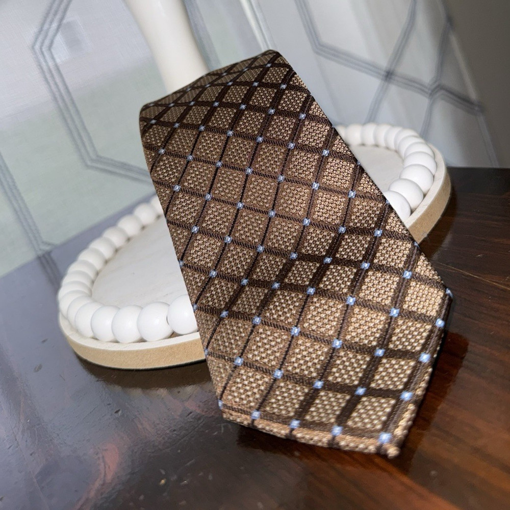 Nautica Men's Woven Polyester Tie Brown Blue Geometric Pattern Classic Width