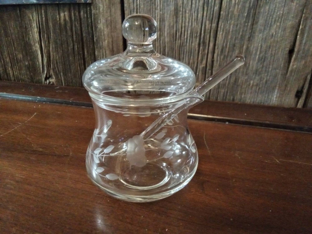 Jelly Condiment Jar w Lid Clear Etched Glass w Glass Spoon by Princess House