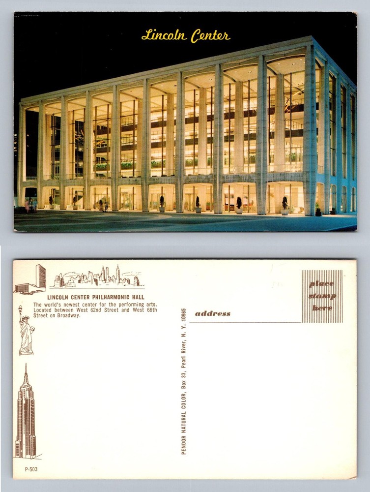 New York, NY-New York, Lincoln Center Philharmonic Hall Night Vintage Postcard