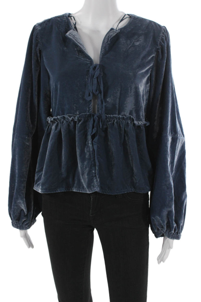 Free People Womens Blouse Blue V Neck Long Sleeve Tie Polyester Size SFree Shipping in US $100+ Orders | $6.95 Orders Below