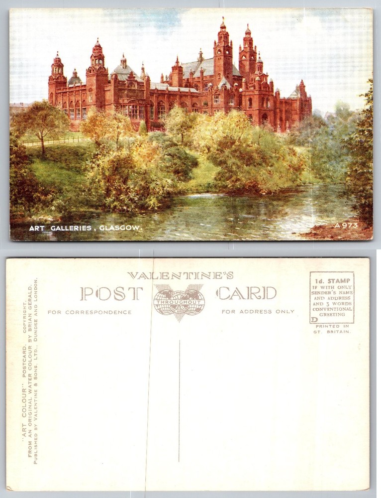 Vintage Kelvingrove Art Galleries Glasgow Scotland Valentine's Postcard