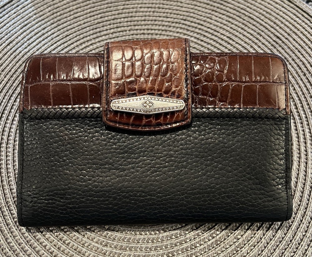 Brighton Black Pebbled Leather & Brown Croc Embossed Bi-fold Wallet Checkbook