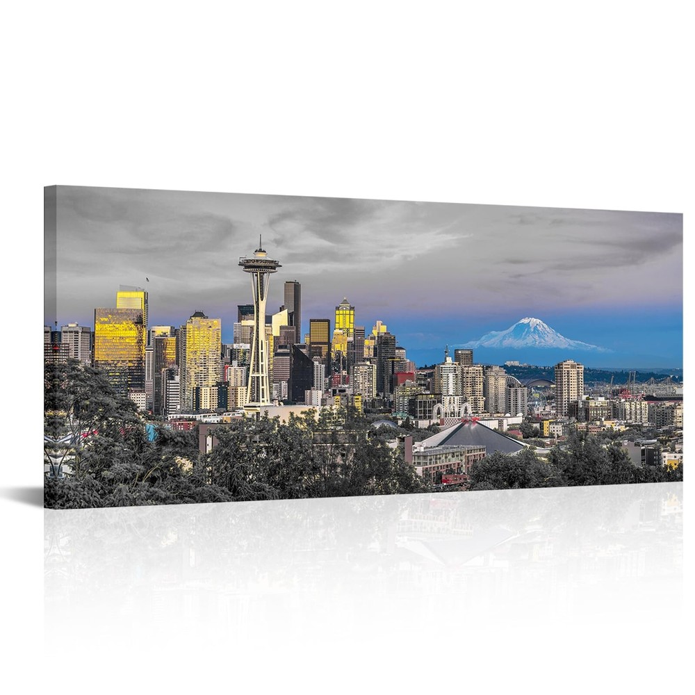 Fochorlo Seattle Wall Art City Skyline Picture Black and White Blue Wall Deco...