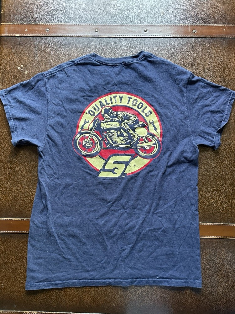 Snap On Tools Biker Garage Graphic Print T shirt Mens Small Blue Red