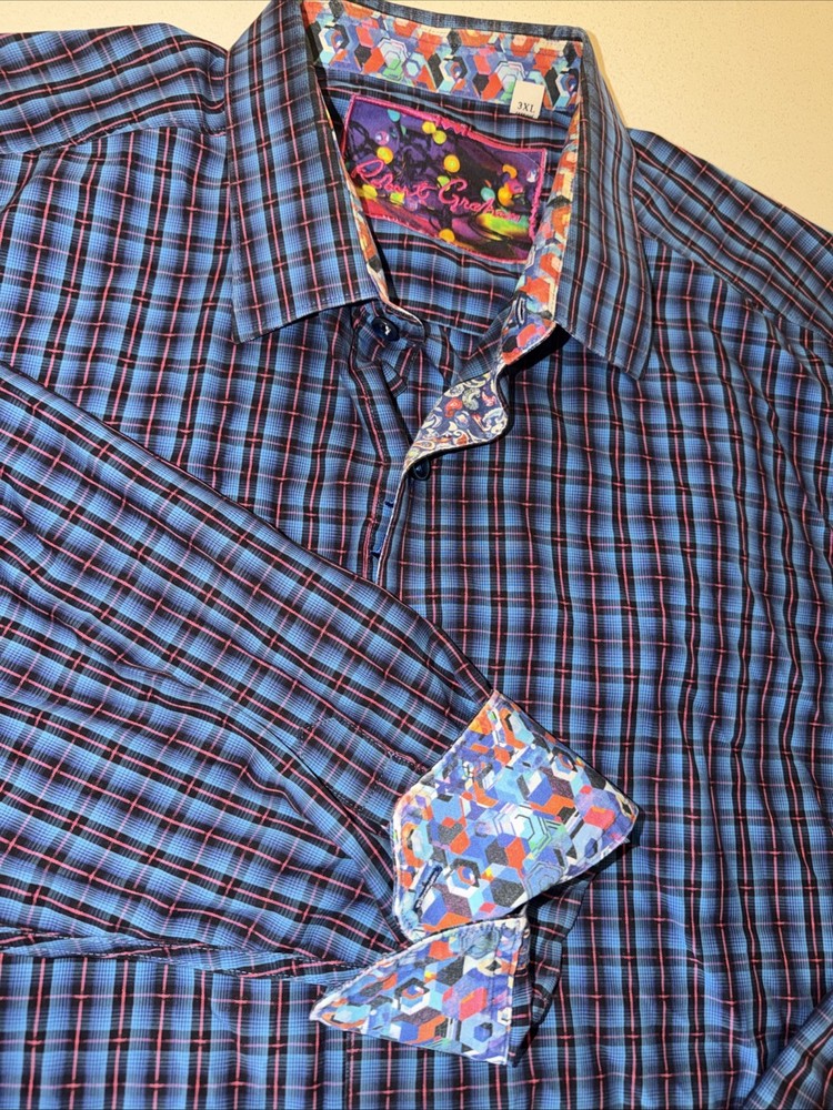 Robert Graham Long Sleeve Flip Cuff Shirt Blue Plaid 3XL Classic Preppy Read