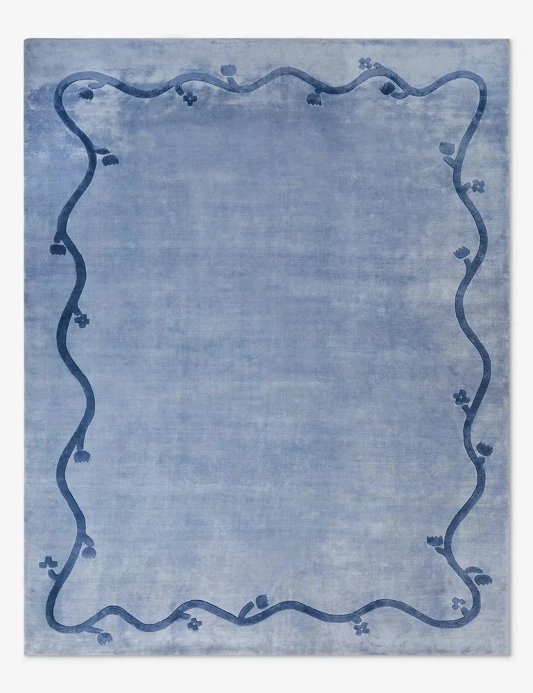 Handmade Blue Wool Area Rug | Modern Wavy Border Hand Tufted Carpet | Custom Rug