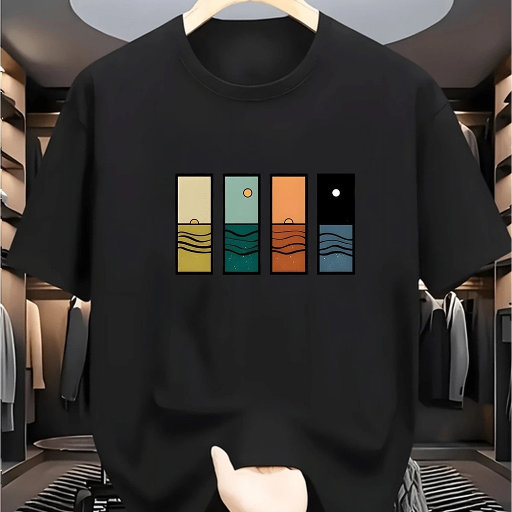 Retro Sunset Beach Graphic Tee Mens Summer Aesthetic Vintage Cotton T-Shirt
