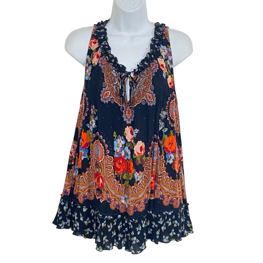 Bila Boho Cottagecore Tank Top Women L Ruffle KEYHOLE Paisley Peasant Boho Black