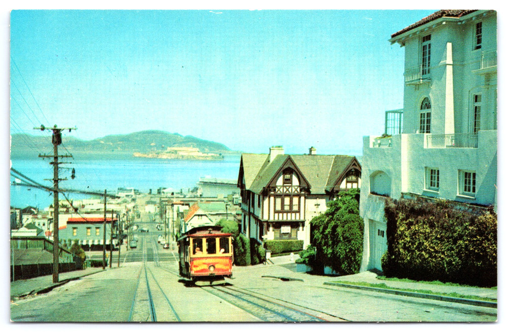 San Francisco California Cable Car Hill Alcatraz Prison Vintage Photo Postcard