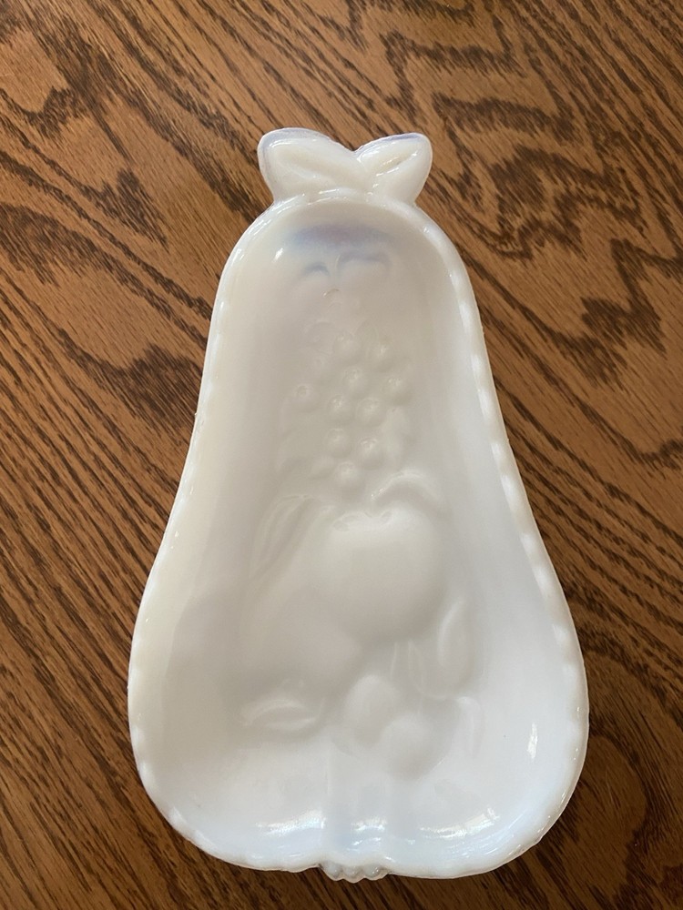 Vintage Hazel Atlas Milk Glass Pear Shaped Candy/Nut Dish Floral Fruit Pattern