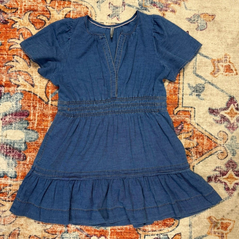 Anthropologie Somerset Denim Shirtdress Smocked Tiered Ruffle Short Sleeve XL
