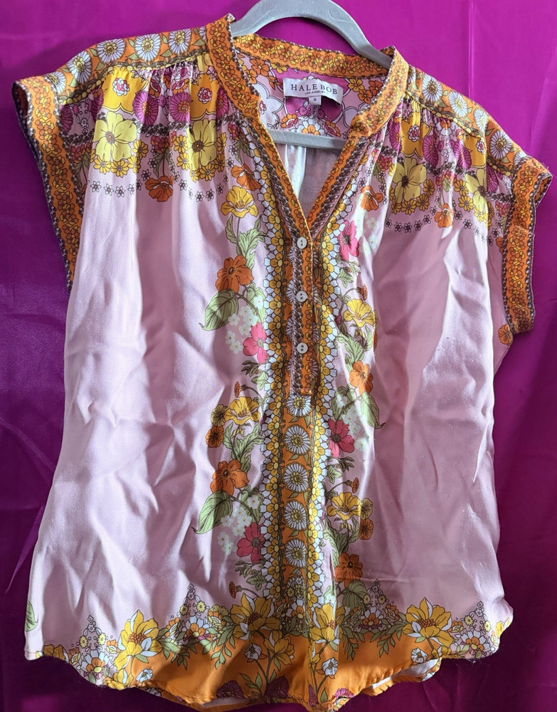Hale Bob Floral V-Neck Short Sleeve Ruffle Button Blouse Pink Orange S