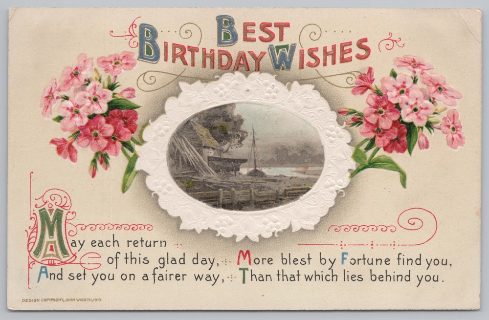 Greetings~Birthday~Boat In Yard~Art Nouveau~Gold~Emb~John Winsch~1912 Postcard